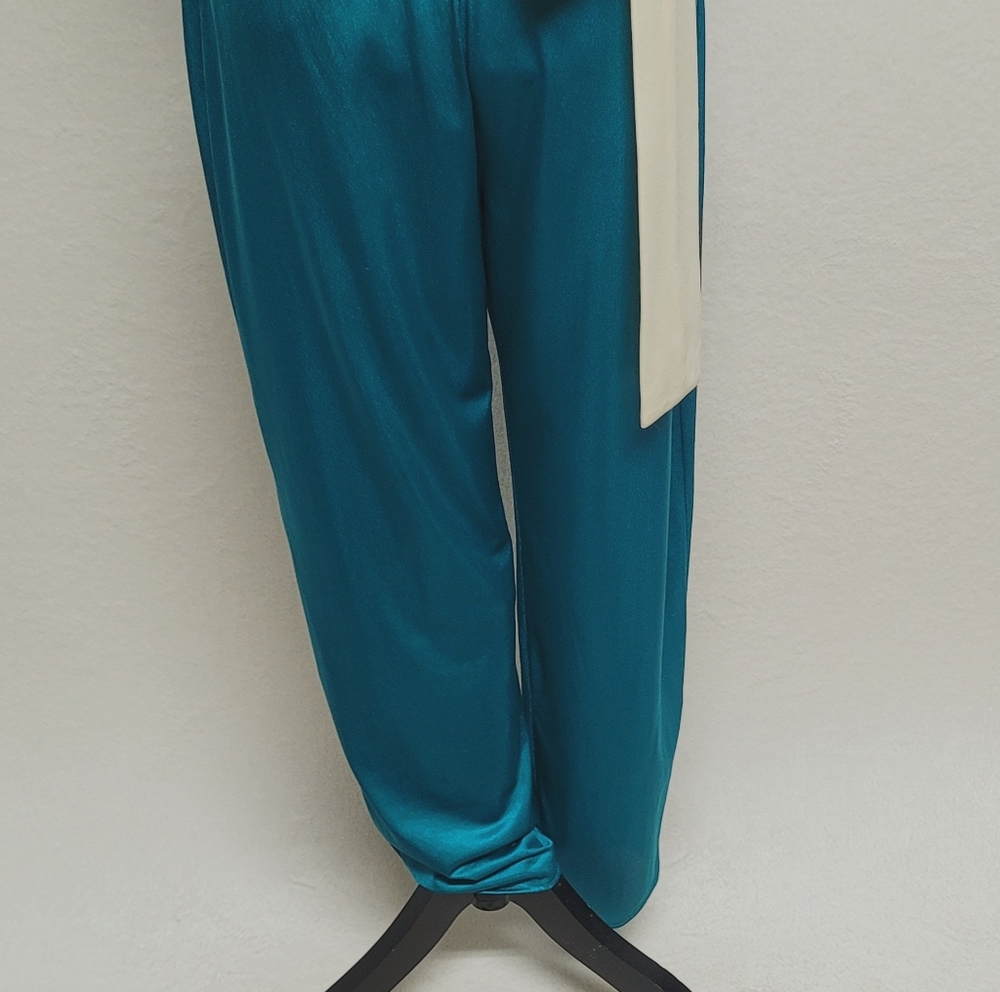 70s Vintage Lady Cameo Dallas Turquoise Lace Plunging Neckline Belted Jumpsuit M - Picture 12 of 14